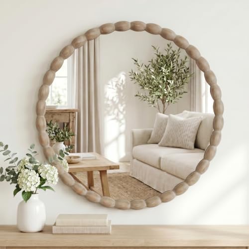 30"x30" Round Solid Wood Farmhouse Decorative Wall Mirror by Unknown