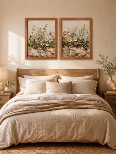 2Pcs Wood Framed Floral Canvas Wall Art Textured Relief Painting Prints Flower - Image 5
