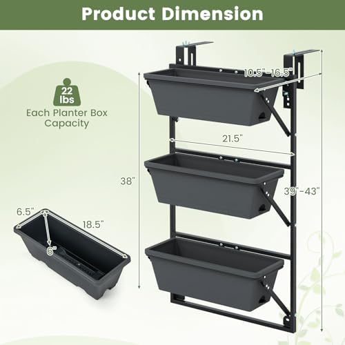 GIANTEX 3-Tier Vertical Railing Planter, Adjustable Hanging Planter Boxes - Image 4