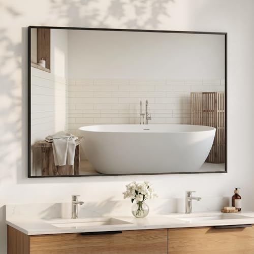48"x30" Matte Black Large Framed Bathroom Vanity Wall Mirror by Pocetry