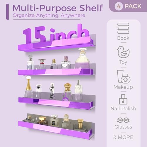 4 Pack 15 Inch Purple Reflective Acrylic Floating Wall Shelves - Image 4