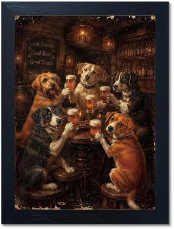 BZRVBQ Funny Dogs Drinking Beer Wall Art, Framed Canvas Print, Vintage Pub Bar by Unknown
