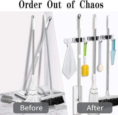 2 Pack Broom Holder Wall Mount, 3 Racks 4 Hooks Mop and Broom Organizer - Image 6