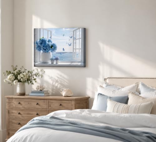 Birnsen Coastal Bathroom Canvas Wall Art Blue Hydrangea Floral Vase Butterfly - Image 2