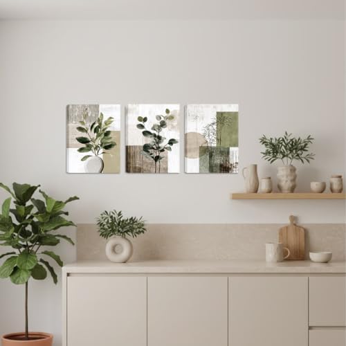 Boho Abstract Eucalyptus leaves Canvas Wrapped Wall Art Set of 3 24x16in - Image 7