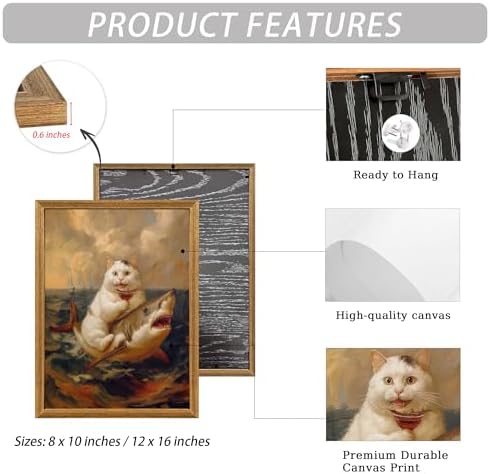 ICHZUMW Framed Funny White Cat Riding Shark Ocean Canvas Wall Art 8x10 In - Image 6