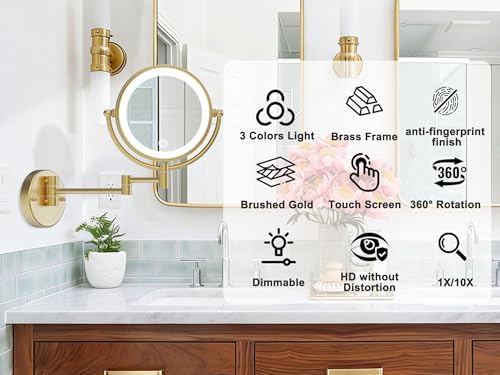 8" Lighted Magnifying Makeup Mirror Wall Mounted, Brushed Moderne Brass - Image 6