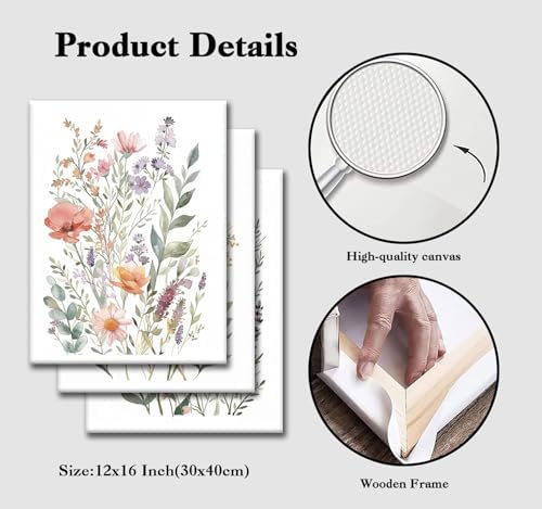 CHTEXA Watercolor Botanical Canvas Wall Art, 3 Piece Gallery Wrapped - Image 4