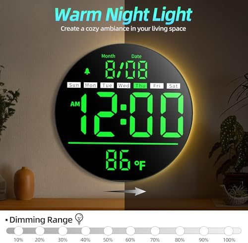 8in Round Digital Wall Clock, Large LED Display, Auto DST, Temperature - Image 4