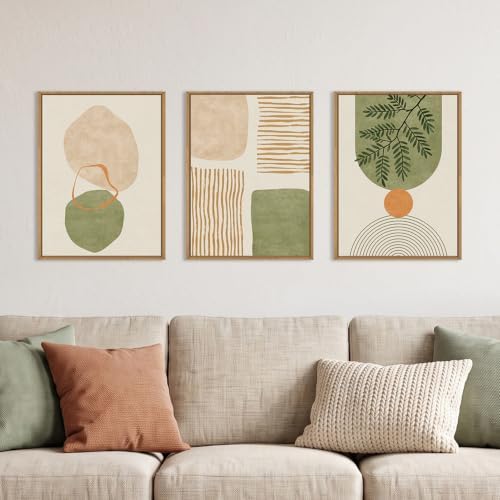 Boho Sage Green Framed Canvas Wall Art Set, Abstract Minimalist Geometric Line by Unknown