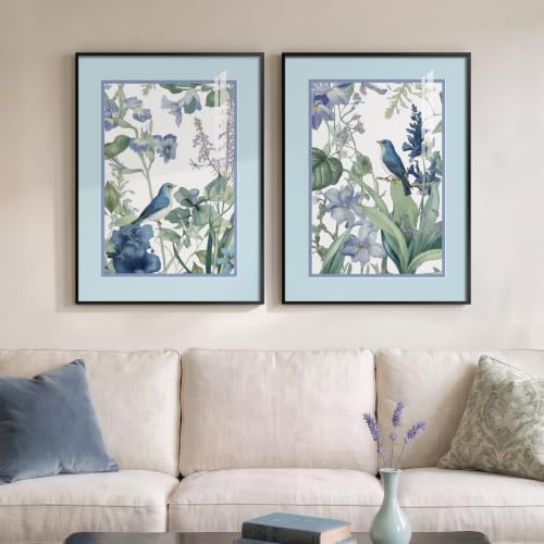 Framed Vintage Blue Floral Bird Botanical Wall Art by Cuspin
