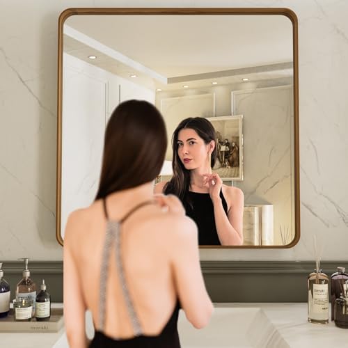 LOAAO 30X30 Bathroom Mirror, Wood Grain Colored Metal Frame - Image 2
