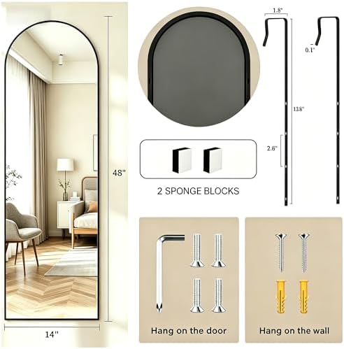14" x 48" Arched Full Length Mirror Black Frame Over Door & Wall Mounted - Image 5