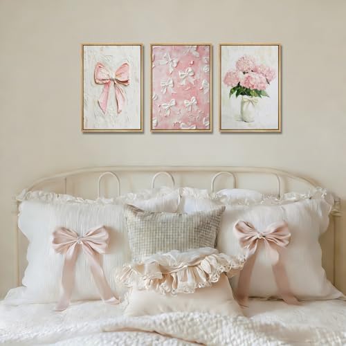 3Pcs Trendy Pink Bows Wall Art Cute Girly Coquette Watercolor Hydrangea Bow - Image 3