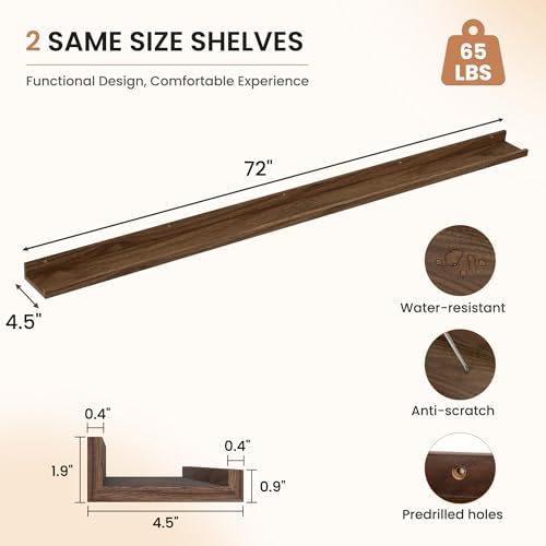 Dreamland Picture Ledge Shelf for Wall, Floating Shelves Set of 2, 72 inch Long - Image 3