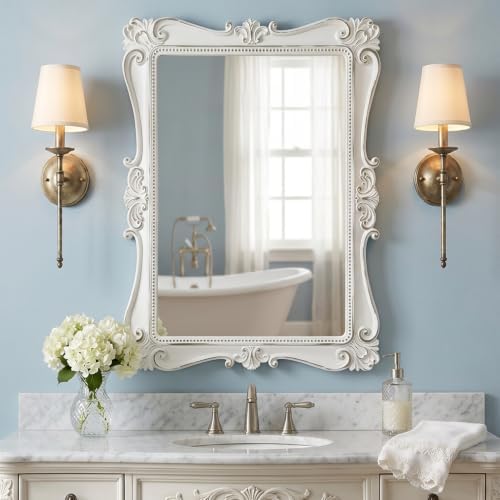 Antique White Wall Mirror, Vintage European Ornate Carved Frame - Image 5