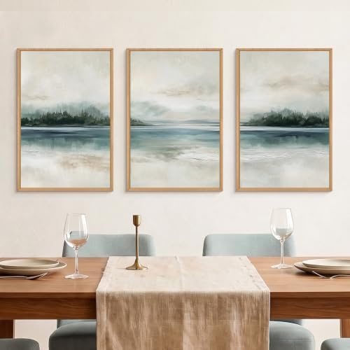 HOURIA Abstract Sage Green Beige Landscape Framed Canvas Wall Art Set, - Image 4