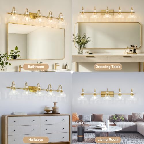 Vintage Bathroom Vanity Light, 5-Light Brushed Gold Finish Wall Sconce - Image 5