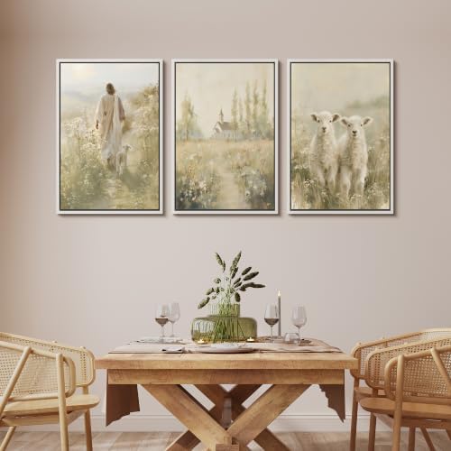 MUDECOR Framed Canvas Print Wall Art Set Jesus and Lambs - Image 2