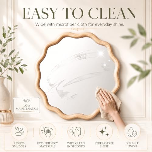 Furnaza 24" Round Wall Mirror, Wooden Boho Wavy Mirror - Image 3