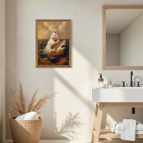 ICHZUMW Framed Funny White Cat Riding Shark Ocean Canvas Wall Art 16x24 In - Image 6