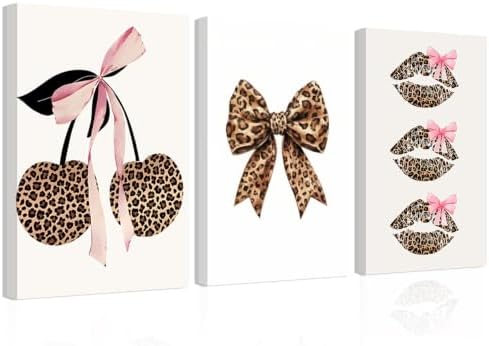 3Pcs Trendy Leopard Print Canvas Wall Art, Fashion Bow Cherry Lips Y2k Poster by YZLYADWALLART