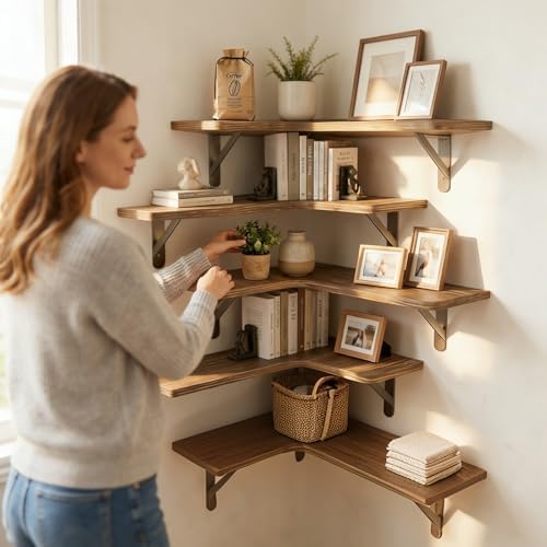 Corner Floating Shelves, Wood Corner Shelves Rustic Brown - Image 6