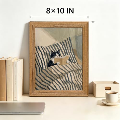 Framed Whimsical Wall Art Tuxedo Cat Reading Book Canvas Print Decor - Image 3