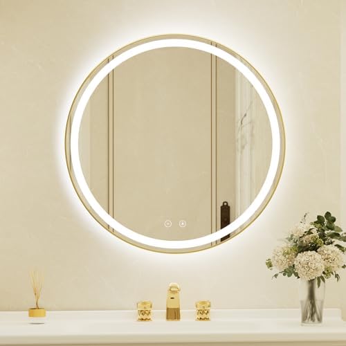 30 Inch Round Gold Framed LED Bathroom Mirror by JingYiMingJing