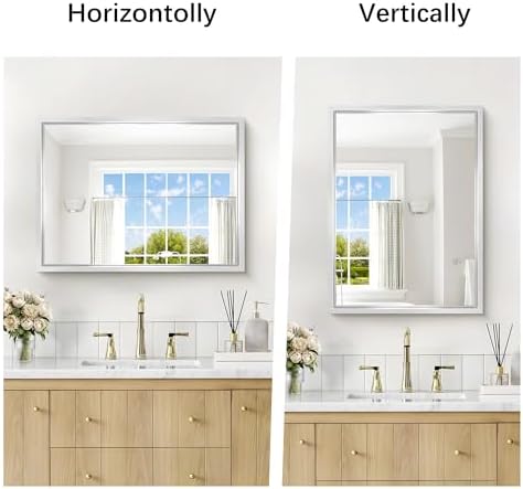 18 x 24 inch Brushed Silver Bathroom Mirror, Metal Framed Rectangle Mirror - Image 3