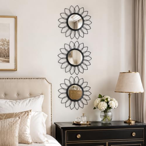 Black Flower Mirror Set of 3, Floral Petal Accent Mirror Wall Decor - Image 5