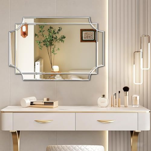HQiJun Silver Mirror for Wall, 36x24 Wood Framed, Scalloped Beveled Polished - Image 4