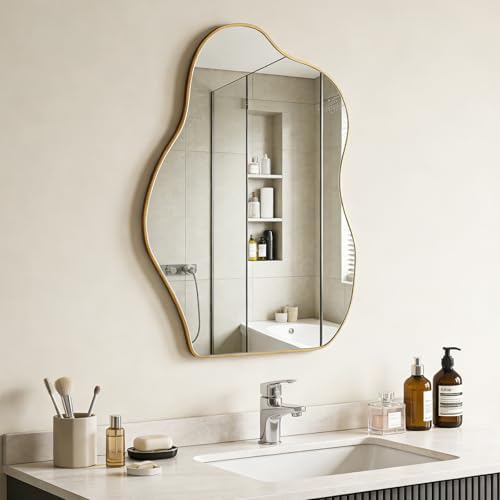 Irregular Asymmetrical Wall Mirror, 28x20 Inch Gold Bathroom Mirror by Ruomeng