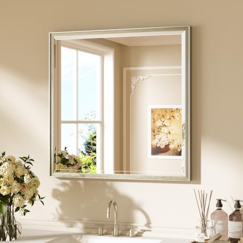 Keonjinn 30"x30" Square Brushed Nickel Bathroom Mirrors, HD Tempered Glass by Keonjinn