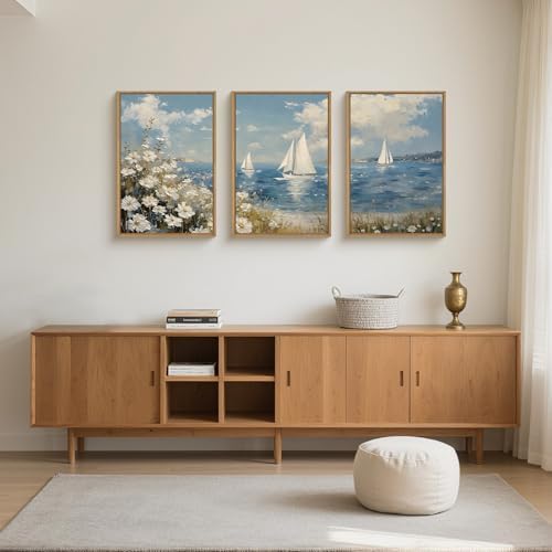 FWIEXA Beach Coastal Wildflower Canvas Wall Art Framed, Ocean Sailboats - Image 4