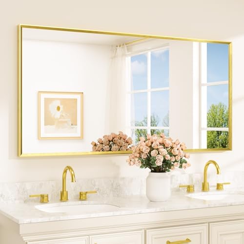 TETOTE Brushed Gold Mirror Beveled Frame 60" x 30" Large Brass Gold Rectangle by TETOTE