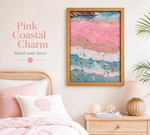 Framed Pink Coastal Canvas Wall Art, Girl Beach Surfers Picture Wall Decor - Image 3