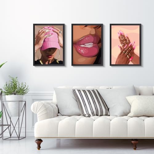 Hianan Wood Framed Fashion Pink Black Girl Wall Art Set of 3, 16x24 in - Image 2