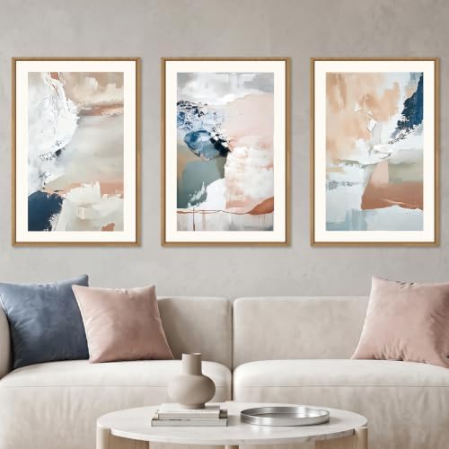 Large Abstract Brush Strokes Framed Canvas Wall Art, Neutral Navy Blue Wall by Unknown