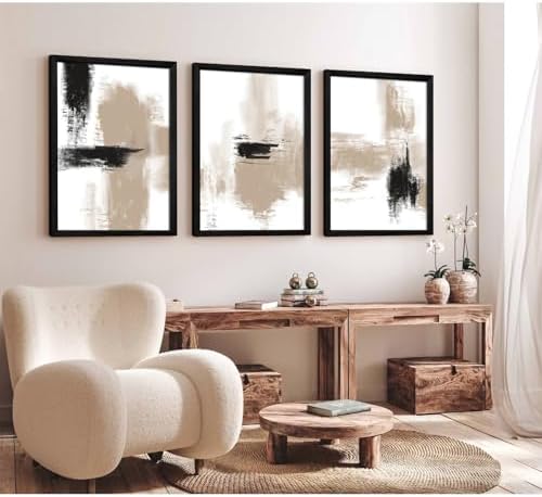 Beige Abstract Wall Art Painting Set of 3 Neutral Canvas Wall Art Prints Black - Image 5