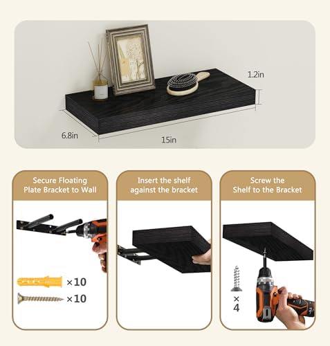 Vervida® Black Rustic Floating Wall Shelves 15in Set of 3 Hidden - Image 6