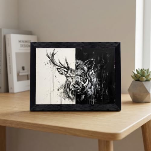 Framed Canvas Wall Art Modern Mixed Media Monochrome Stag and Boar Dualistic - Image 6