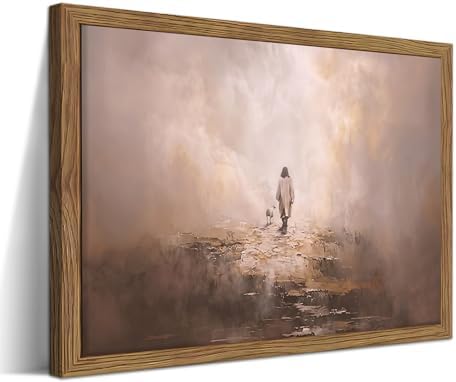 Framed Christian Wall Art, Good Shepherd Jesus Leaves the 99 Sheep Canvas Print by MJONGwallart
