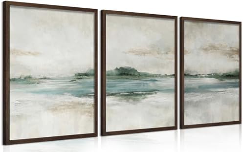 Framed Abstract Wall Art Set of 3, Modern Green Lake Canvas Prints by MJONGwallart