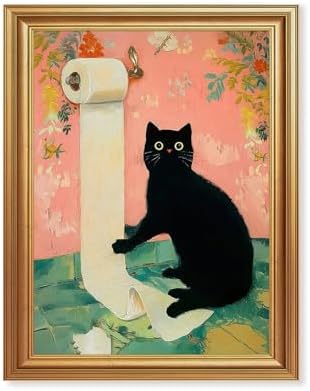 ICHZUMW Gold Framed Funny Black Cat Toilet Paper Canvas Wall Art, 8x10 In by Unknown