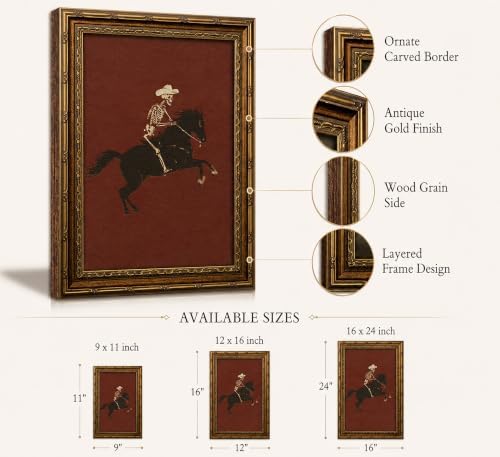 Vintage Gold Framed Canvas Wall Art Skeleton Cowboy Riding Bronco Painting - Image 2