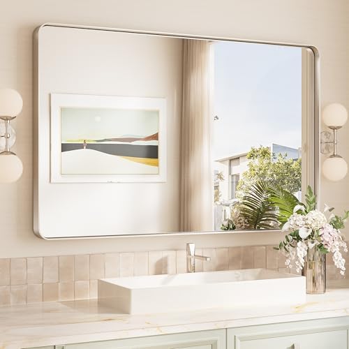 TokeShimi 48x30 Brushed Nickel Bathroom Wall Mirror Vanity Metal Frame Round by TokeShimi