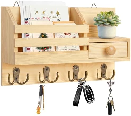 Key Holder Wall Mount, Wooden Key and Mail Organizer by HOMEBROS