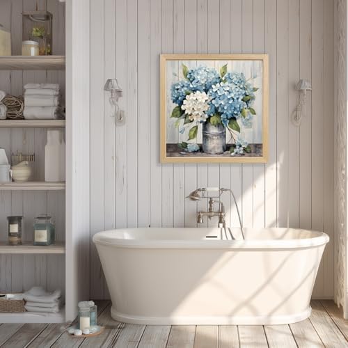 IAFWZX Wood Framed Rustic Blue Hydrangea Wall Art 12x12 in - Image 4