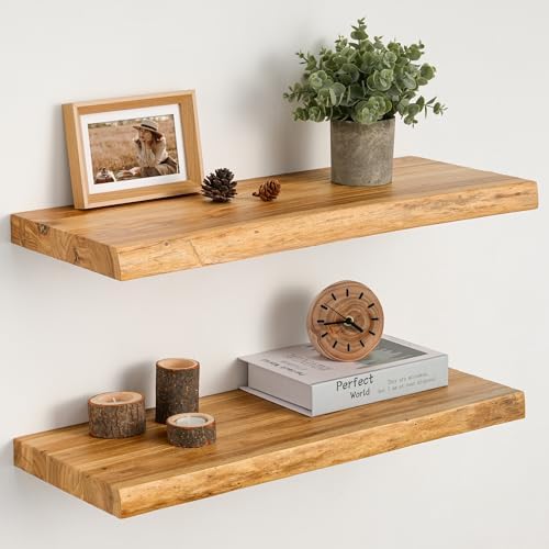24" Floating Shelves Set of 2, Solid Elm Wood, Natural Live Edge by Unknown